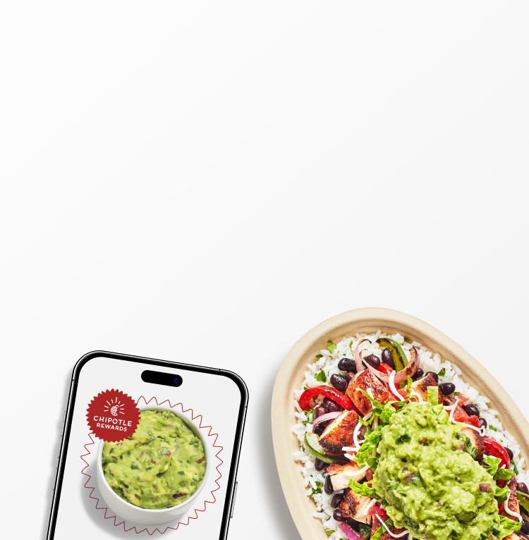 A side of fresh made Guacamole in a phone and a Chipotle Burrito Bowl with a freshly made tortilla chip dipped in our new Adobo Ranch.