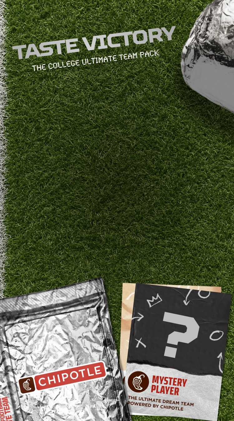 The exclusive foil-lined Taste Victory College Football Ultimate Team Pack laid down on a football field with a mystery player shown with a question mark.